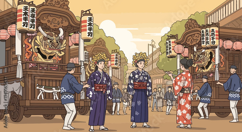 Japanese Festival Parade with Ornate Floats and People in Kimonos