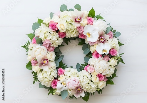 Floral wreath with roses, orchids, peonies, and hydrangeas on white backdrop