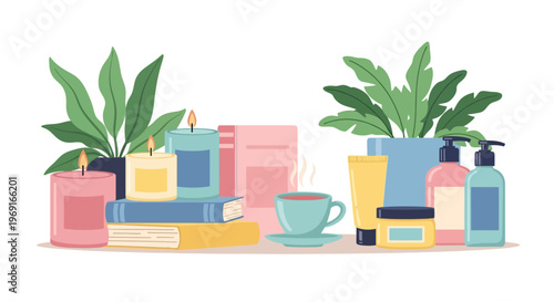 Mental Health Awareness Month Self Care Vector. Cozy Wellness Items with Candles Books Tea and Skincare Illustration