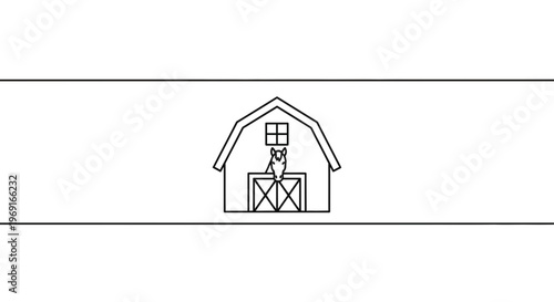 Minimalist line art illustration featuring a horse within a classic farm barn stable design vector