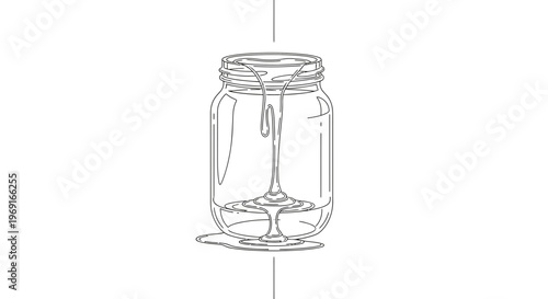 Minimalist Line Art Illustration of Sweet Liquid Pouring into and Spilling from a Glass Jar
