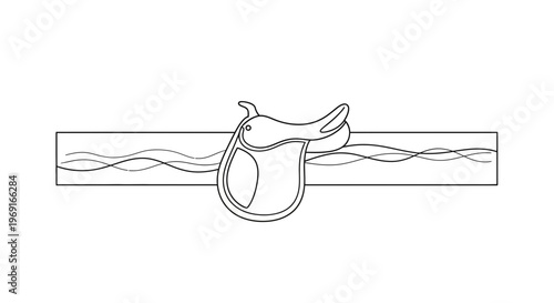Minimalist equestrian saddle illustration featuring elegant flowing lines on a white background