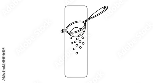 Black and white illustration depicting a hand held sifter dispersing granules over a flat platform