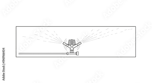 Clean line art graphic displaying a dynamic lawn sprinkler actively watering a green space,