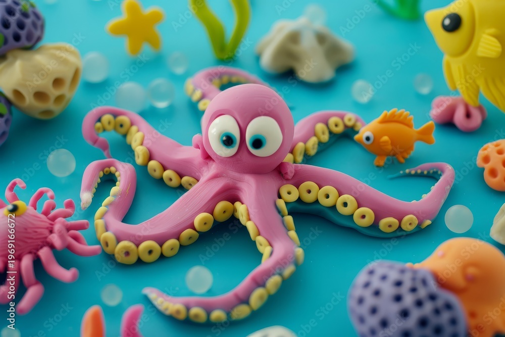 Obraz premium Cute baby octopus claymation playdough sea creatures blue background colorful underwater playful scene