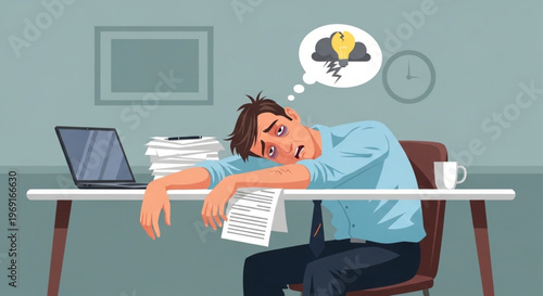 Exhausted male office worker slumped on desk due to burnout and stress.