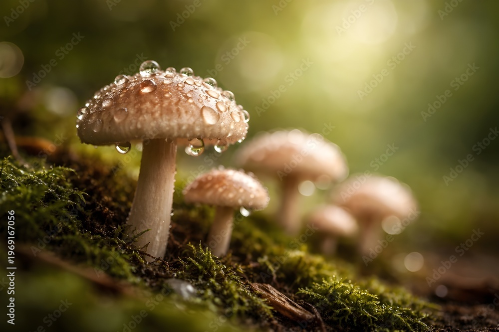 Fototapeta premium Dewy Mushroom Macro Background
