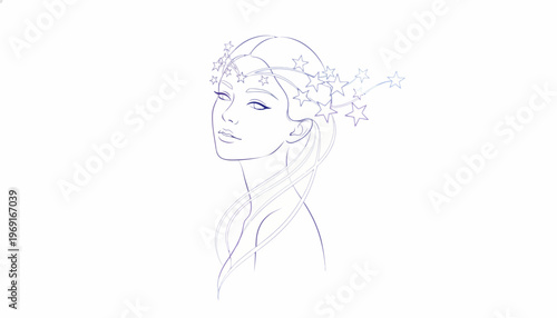 Minimalist celestial beauty illustration featuring a captivating woman adorned with delicate star