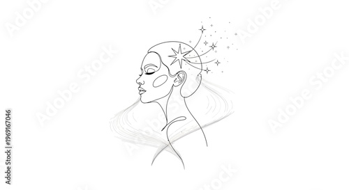 Elegant continuous line art drawing of a serene woman's profile with celestial stars and cosmic flow