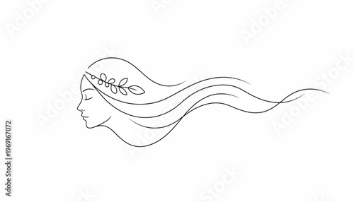 Elegant minimalist line art profile of a serene woman with natural flowing hair and leaf adornment