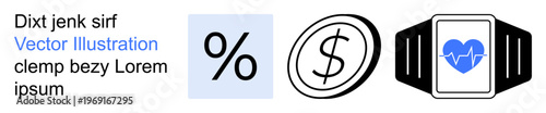 Finance, health tech, financial planning, savings, wearable devices, digital healthcare. Percent sign, dollar symbol and smartwatch with heartbeat. Finance and health tech concepts