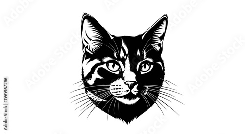 Black and White Cat Portrait Vector Illustration with Realistic Details
