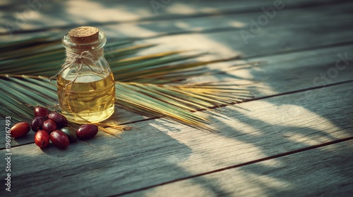 Clear glass bottle with oil and rose hips on textured wooden surface