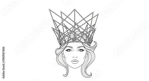 Striking portrait of a majestic woman adorned with an intricate, futuristic geometric crown,