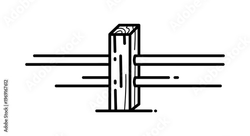 Minimalist linear illustration of a sturdy wooden fence post with horizontal rails defining a