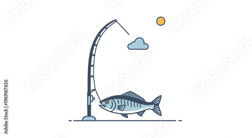 Minimalist fishing adventure with a successfully caught fish under a simplified sky