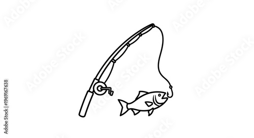 Clean monochrome outline icon depicting angling equipment and a successfully hooked fish
