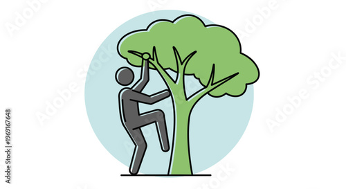 Minimalist line art illustration portraying a person climbing a green tree, symbolizing aspiration