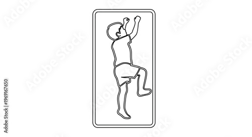 Line art illustration of a young person climbing a vertical surface, symbolizing active progress