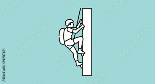 Line art illustration of a climber scaling a vertical wall demonstrating determination and outdoor