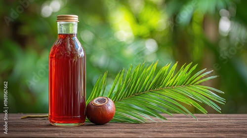 Bottle of red liquid beside a fruit and palm leaf on a wooden surface