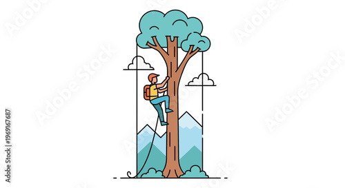 Outdoor adventurer ascending a tall tree with climbing gear against a mountain backdrop in a