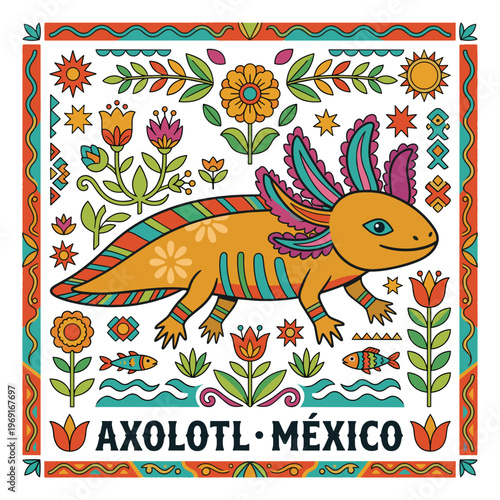 Mexican axolotl illustration in a traditional folk art frame with ethnic patterns for cultural celebration and aquatic wildlife design