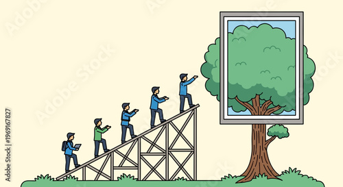 Collective human endeavor ascending towards a symbolic framed nature display, illustrating