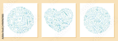 Round travel banner in blue sketch style with adventure and hiking elements. Forest camp equipment and picnic symbols combine in an outline doodle collection for a trip theme, perfect for camping