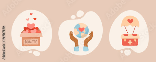 Charity donation set in flat style. Cartoon aid scene show heart box and help for community. Support concept as people give love and donation. Philanthropy icon for charitable project background