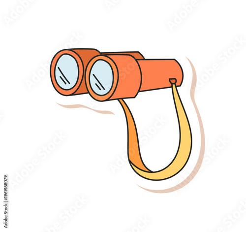 Expedition badge binoculars sketch icon in color style. Adventure equipment for camp and hiking, travel gear in graphic doodle look, orange accent. Binoculars as bold expedition symbol, creative