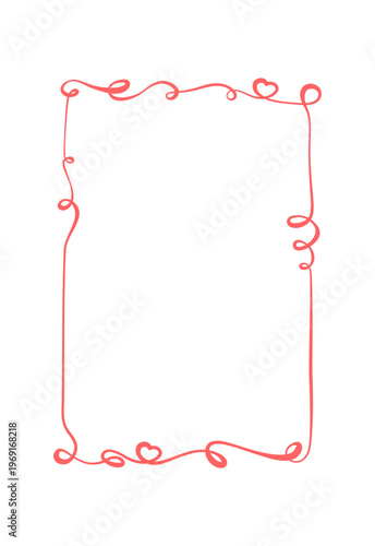 Curly coquette ribbon wedding frame with cute romantic heart detail. Hand drawn border doodle as whimsical frame for invite or valentine card and social media post, simple red line decor on white