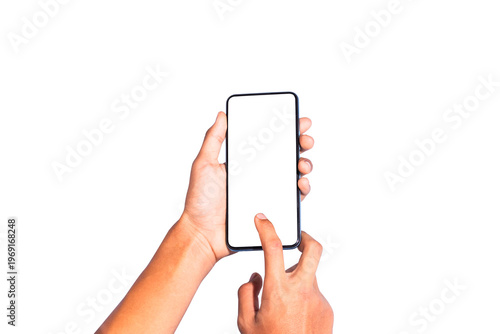 Man hand holding smartphone isolated on white background
