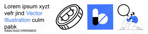 Cryptocurrency, healthcare, online transactions, scientific discovery, medical research, digital payment. Bitcoin coin, pill icons and person analyzing under a magnifying glass . Cryptocurrency