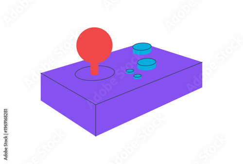 Retro arcade joystick sticker in flat style with vivid purple and red. Classic console controller and gamepad gadget for old videogame arcade game themes, perfect for entertainment or playful