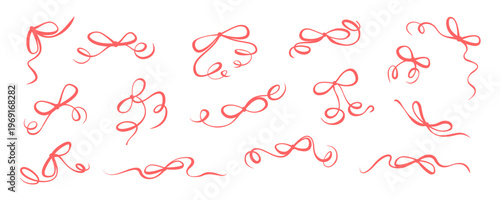 Red whimsical wedding bow doodle vector set. Cute ribbon knot collection as romantic frame and border. Coquette love ornament for valentine card and happy invite decoration, minimal holiday element