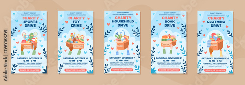 Flat donate charity box poster set. Collection of donation box as gift and help for community people with heart and love symbols. Light blue background suits social media support banner give event