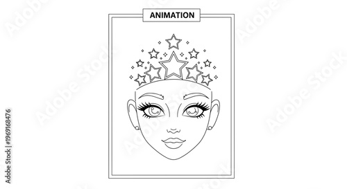 Whimsical line art illustration of a glamorous female face adorned with a sparkling star tiara,