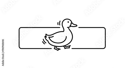 Charming black outline duck waddling through a simple white framed rectangle displaying playful