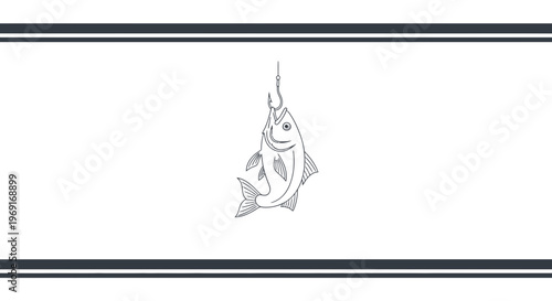 Minimalist line art illustration of a fish caught on a fishing hook, depicting fishing activity