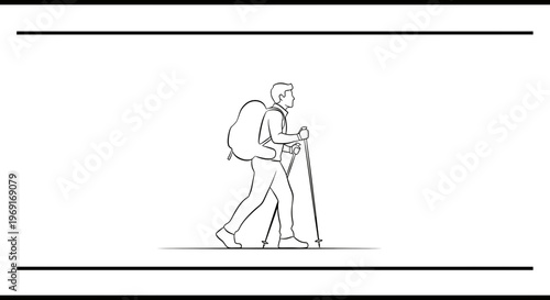 A minimalist line art illustration of a solitary hiker embarking on a challenging journey with