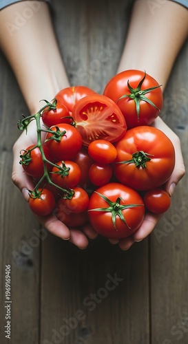 Harvest of fresh tomatoes on wooden table held in human hands above