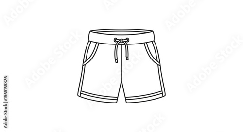 Crisp black and white line art illustration of modern casual shorts with drawstring closure