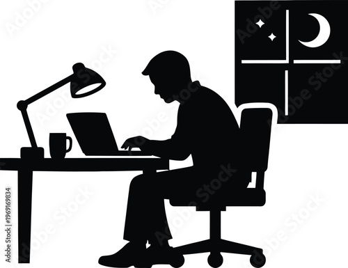 Man working on laptop at night silhouette vector illustration, freelancer or student studying late under desk lamp, productivity and remote work concept isolated on white background.