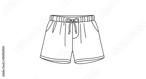 Minimalist line art illustration of versatile casual shorts with drawstring waistband for comfort