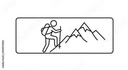 Minimalist line art illustration of a person hiking up mountains, symbolizing challenge and