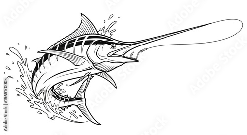 Dynamic Black and White Marlin Jumps from Ocean Water on Fishing Line Illustration Vector Art
