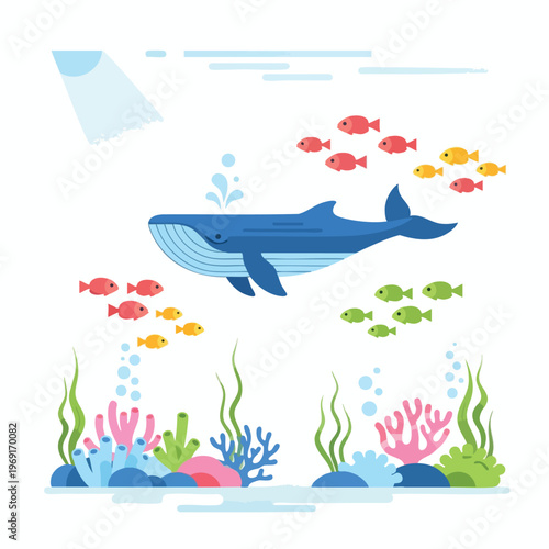 Blue whale spouts water, surrounded by colorful fish and vibrant coral reef