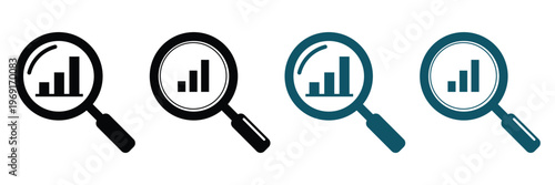 Business data analysis icon with magnifying glass and bar chart growth symbol, financial growth chart analytics and search vector illustration