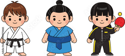 Cute Asian children characters wearing traditional and martial arts outfits including karate gi, kimono, and tracksuit with table tennis paddle cartoon vector illustration set